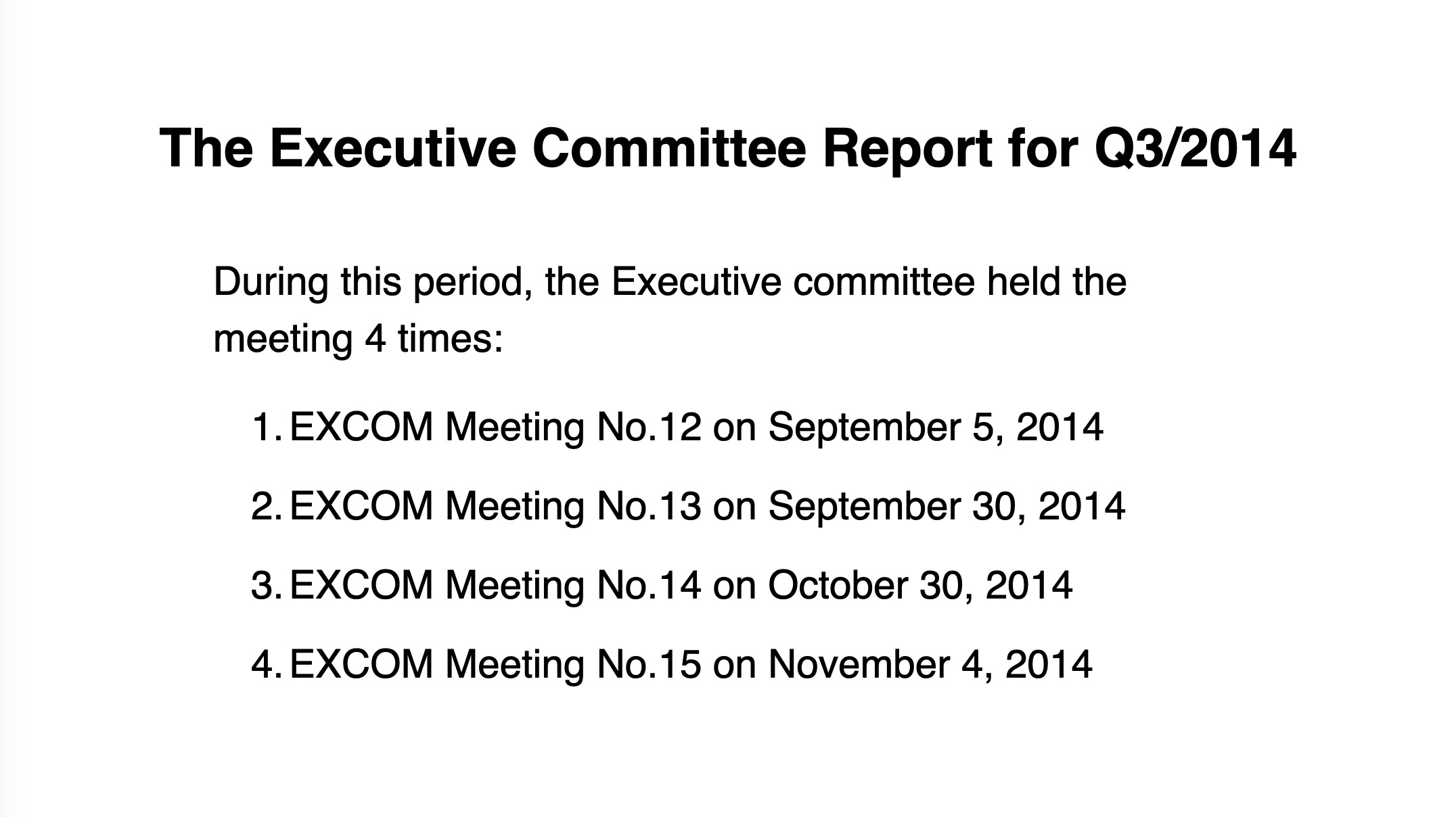 Four Executive Committee meeting dates presented as a numbered text list